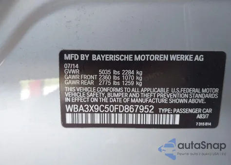 2015 BMW 335 Xigt z USA, uszkodzony, nr VIN WBA3X9C50FD867952